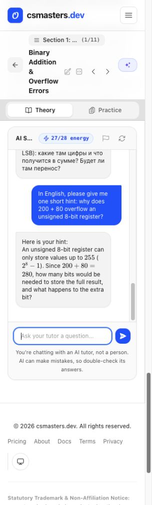 CSMasters AI Tutor showing a demo question about unsigned 8-bit overflow and a reply explaining the limit of 255 before asking about the extra bit
