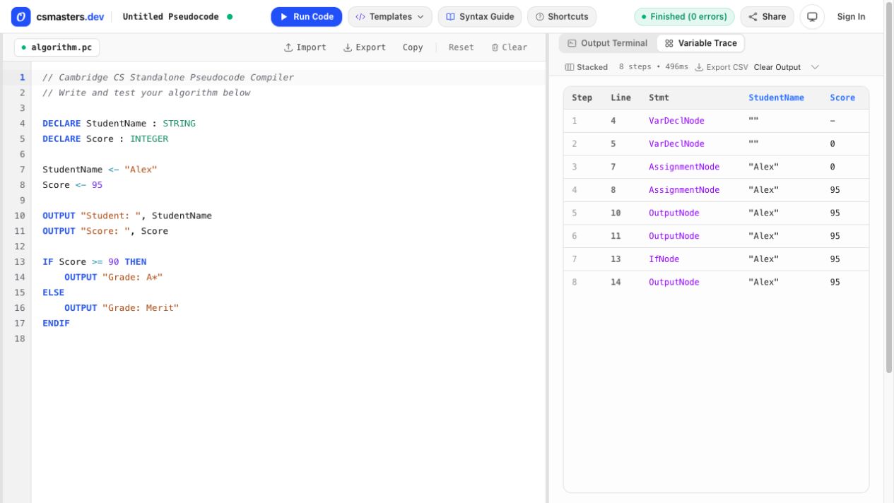 CSMasters pseudocode editor after running its starter program, with the variable trace showing StudentName and Score at each execution step