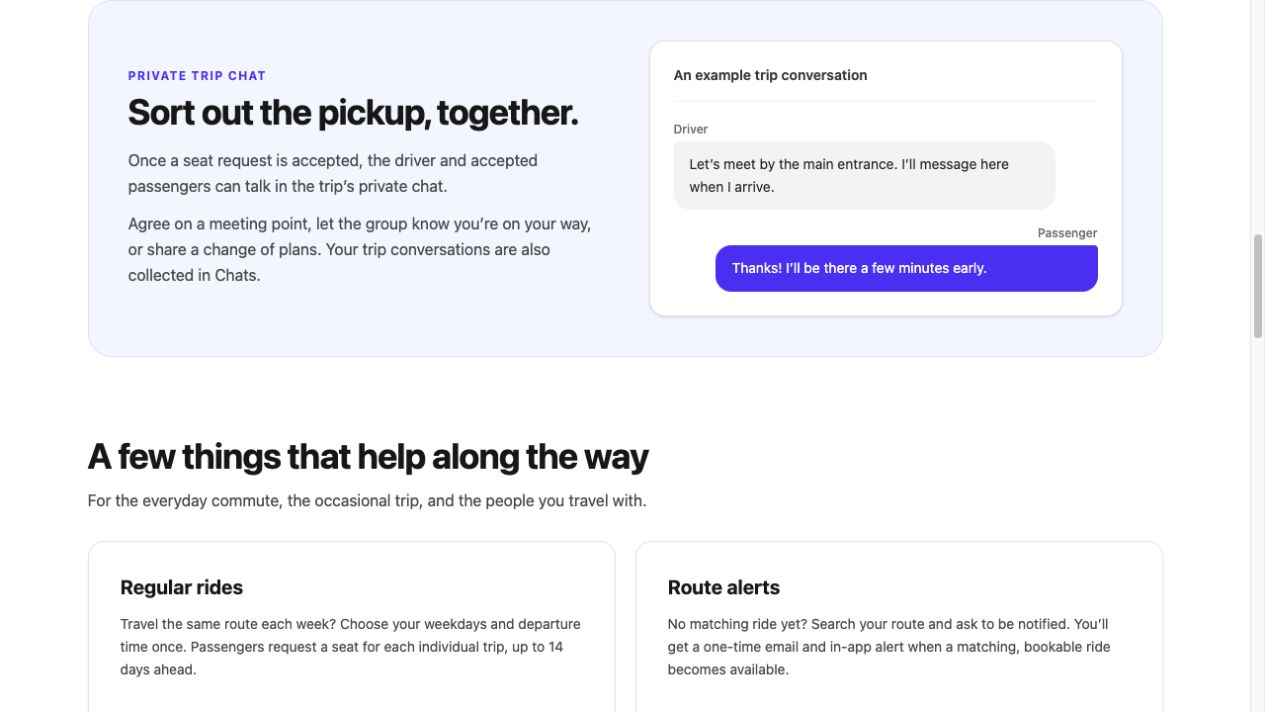 Pasabaya homepage explaining private trip chat, with an example driver and passenger conversation about where to meet