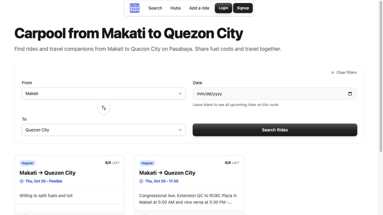 Pasabaya route search with Makati and Quezon City selected, an optional date, and a Search Rides button
